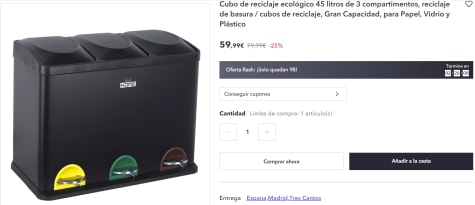 Cubo de reciclaje ecológico 45 litros de 3 compartimentos