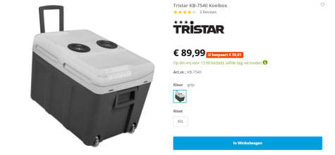 Antagonist Kennis maken verkoopplan Tristar KB-7540 Thermo-elektrische Koelbox - 12V en 230V - 40 l - Zwart /  Grijs voor €89,99