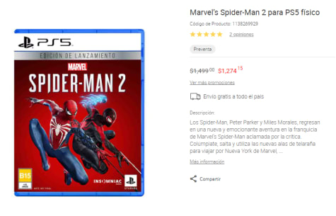 Marvel's Spider-Man 2 para PS5 por $1,274.15 en Liverpool