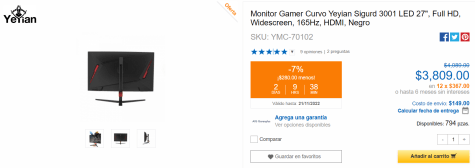 Monitor Gamer Curvo Yeyian Sigurd 3001 LED 27, Full HD, Widescreen