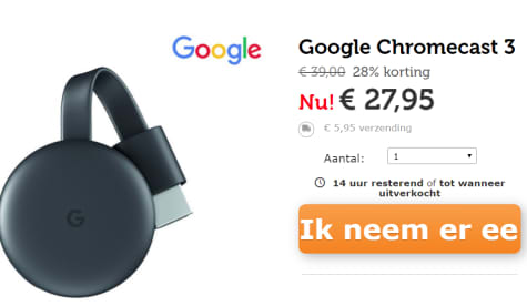 Google Chromecast 3 - Media Streamer VS editie, incl. EU plug voor €27,96  (ex €5,95 verzendkosten)