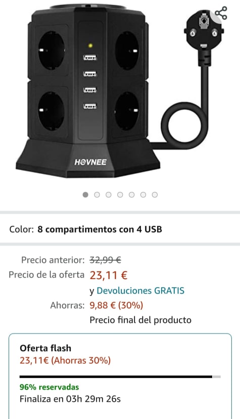 Regleta Vertical Torre Enchufes de 8 Tomas Corrientes 2500W/10A y 8 Rápida  USB Tomas 5V/