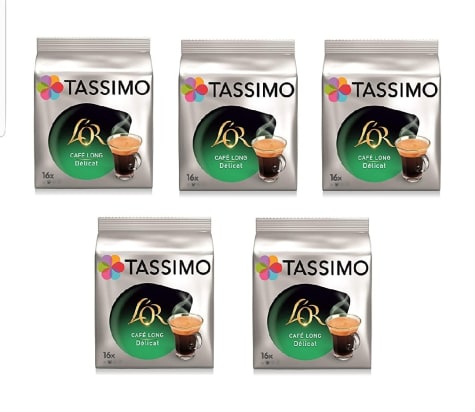 Pack de 5×16 Cápsulas Tassimo L'Or Café Long Delicat por 17,70€.