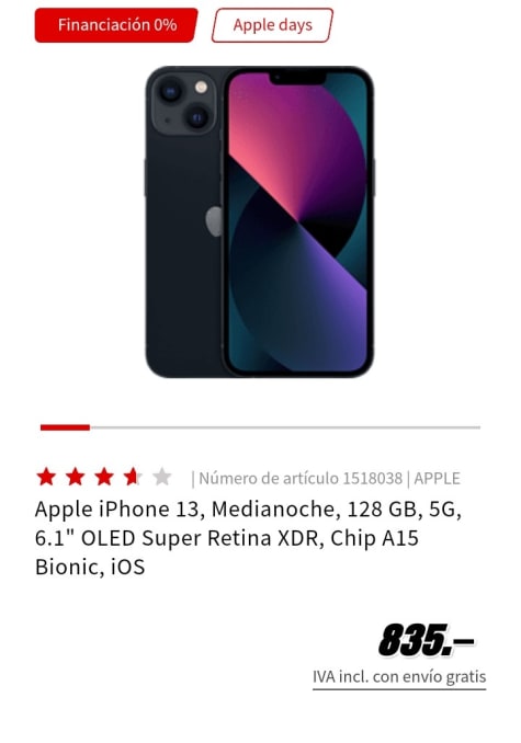 Apple iPhone 13, Medianoche, 128 GB, 5G, 6.1 OLED Super Retina XDR, Chip  A15 Bionic, iOS
