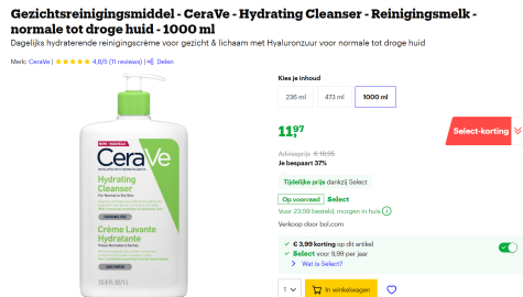 CeraVe Gezicht Hydraterende Reinigingscrème 1000 ml voor €11,97 bij Bol.com  met select