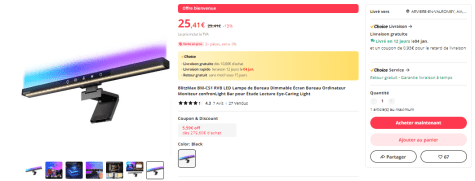 Barre lumineuse pour moniteur BlitzMax BM-CS1 RGB –