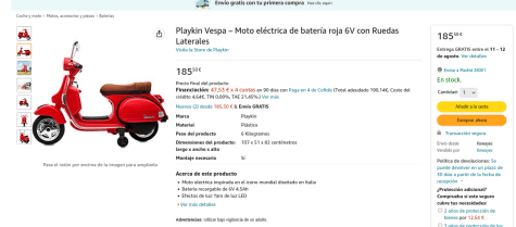 Playkin Vespa Moto Eléctrica con Ruedas Laterales 6V Roja
