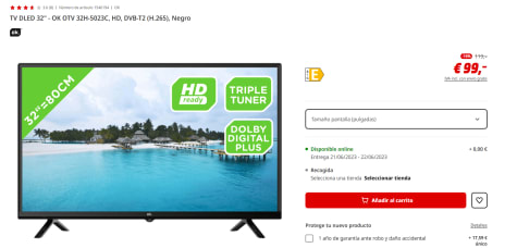 TV DLED 32  OK OTV 32H-5023C, HD, DVB-T2 (H.265), Negro