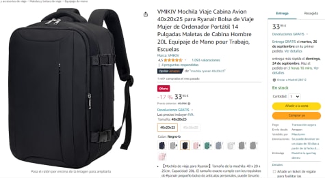 Mochila VMIKIV apta para cabina de avión por 33.95€