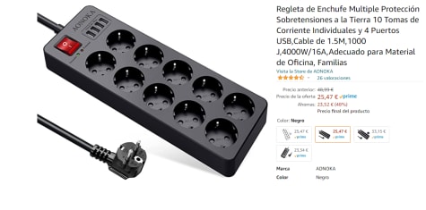 Enchufe Múltiple Con 4 Tomas Y 2 Puertos Usb con Ofertas en Carrefour