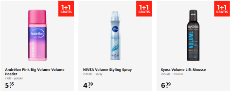 1+1 Gratis op alle haarstyling producten Aanbiedingen 1+1 Gratis op alle haarstyling producten Aanbiedingen