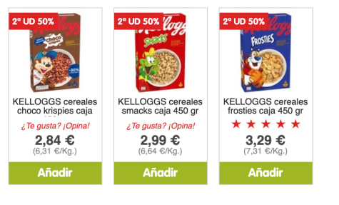 50% descuento 2ª de cereales Kelloggs en DIA