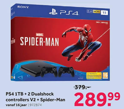 Absoluut verwijzen onderpand Sony PlayStation 4 Slim Console 1TB + Spider-Man + 2 Controllers voor  €289,99