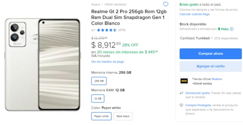 Realme Gt 2 Pro 256gb Rom 12gb Ram Dual Sim Snapdragon Gen 1 Color Blanco