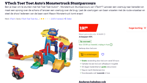 ondernemer Onverschilligheid natuurpark VTech Toet Toet Auto's Monstertruck Stuntparcours voor €19,99 bij Bol.com