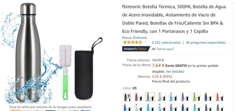 flintronic Botella Termica, 500ML Botella de Agua de Acero Inoxidable,  Aislamiento de Vacío de Doble Pared, Botellas de Frío/Caliente Sin BPA &  Eco Friendly, con 1 Portavasos y 1 Cepillo : 