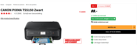 Moederland Zeeman Kolonisten Canon PIXMA TS5150 - All-in-One Printer / Zwart voor €69 bij de Mediamarkt