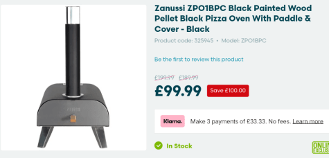 Zanussi Wood Pellet Pizza Oven for £99.99 at Robert Dyas