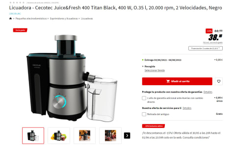 Licuadora Cecotec Juice&Fresh 400 Titanio Negro 1 L 400 W Negro 