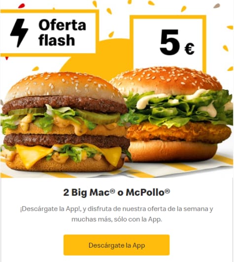 2 Big Mac o McPollo por 4€. Oferta flash en McDonald's