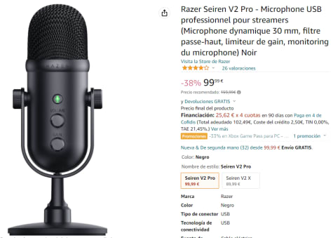 Micrófono dinámico USB - Razer Seiren V2 Pro