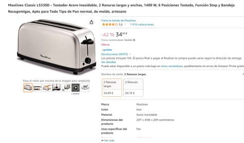 Tostadora Moulinex Classic 2 Ranuras 1400W