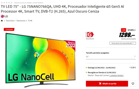 TV LED - LG 75NANO766QA, 75 pulgadas, NanoCell 4K, Procesador a5 Gen 5 con  IA, Magic Remote