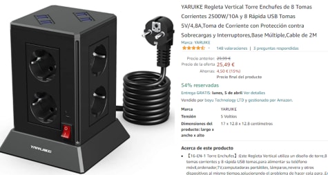 Regleta vertical, 8 enchufes, 2500W/10A, 8 USB A (5V/4,8A) por 16,99€ antes  39,99€.