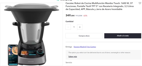 Robot de Cocina - Cecotec Mambo Touch, 1600 W, 37 Funciones, Pantalla  Táctil TFT 5