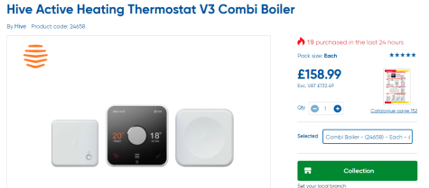Hive Active Heating Thermostat V3 Combi Boiler for £133.99 at Toolstation