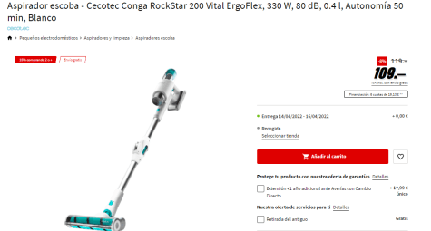 Aspirador escoba  Cecotec Conga RockStar 200 Vital ErgoFlex, 330 W, 80 dB,  0.4 l, Autonomía 50 min, Blanco