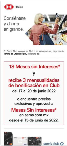 18 MSI y 3 mensualidades de bonificación en club con HSBC en Sam's Club