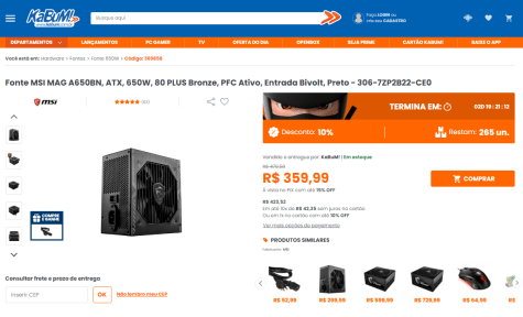 OFERTA: Fonte MSI MAG A650BN, Bivolt, 650W, 80 PLUS Bronze por R$ 354,99