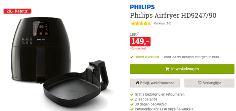 Philips Avance Airfryer XL HD9247/90 - Hetelucht friteuse met XL bakplaat Zwart voor €129 dmv cashback