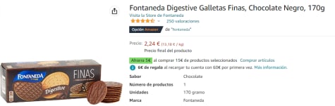 Galletas finas con chocolate negro Digestive Fontaneda 170 g.