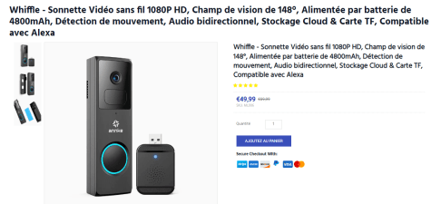 Sonnette Vidéo sans fil ANNKE Whiffle - 1080p, Champ de vision de 148°,  Détection de mouvement, Audio bidirectionnel, Cloud & Alexa –