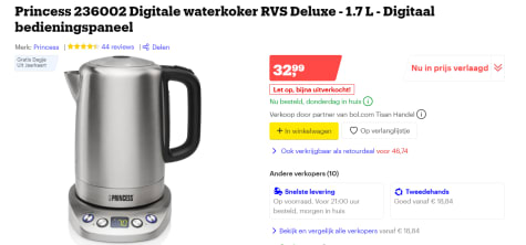 Elektronisch bereiden Londen Princess Digital waterkoker RVS Deluxe 236002 voor €32,99