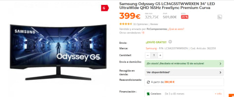 Samsung Odyssey G5 LC34G55TWWRXEN 34 LED UltraWide QHD 165Hz FreeSync  Premium Curva