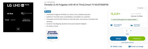 Pantalla LG 43 pulgadas Smart TV 4K UHD 43ur7800psb