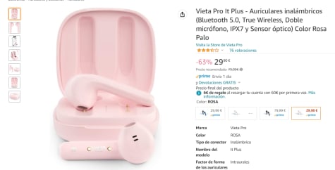 Vieta Pro It Plus - Auriculares inalámbricos (Bluetooth 5.0, True Wireless,  Doble micrófono, IPX7 y Sensor óptico) Color Rosa Palo : :  Electrónica