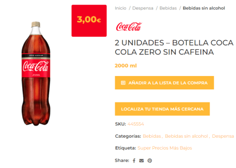 Comprar Coca Cola Zero sin cafeína botella 2 litros