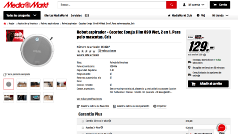Robot aspirador Cecotec Conga Slim 890 Wet por 129€ Red night Mediamarkt