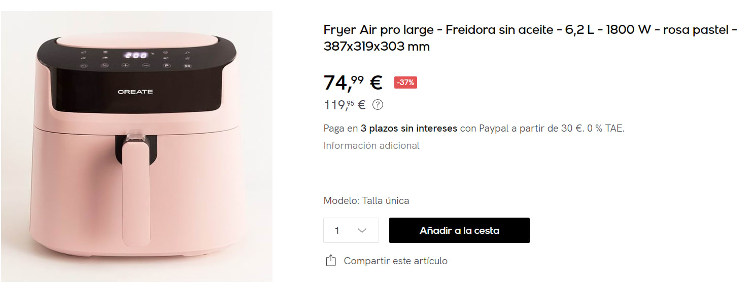 CREATE/FRYER AIR/Freidora de aire sin Aceite 1,5L Negra/Cesta