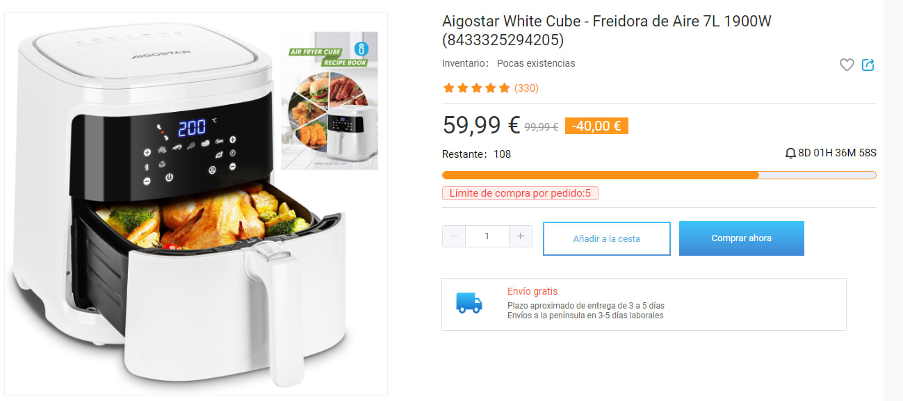 Aigostar White Cube - Freidora de Aire 7L 1900W