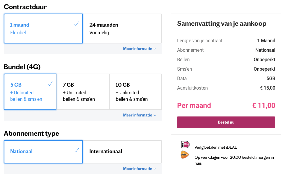 Unlimited bellen en SMS en 5GB data voor €10,- per maand Aanbiedingen Enlarged image