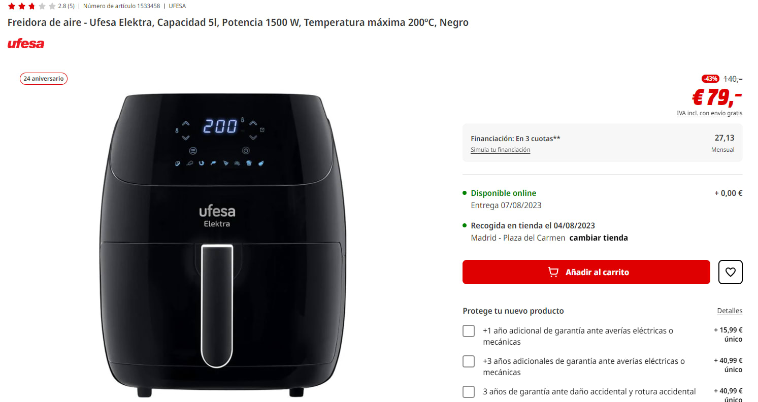 Ufesa Elektra Freidora de Aire 5L 1500 W Negra