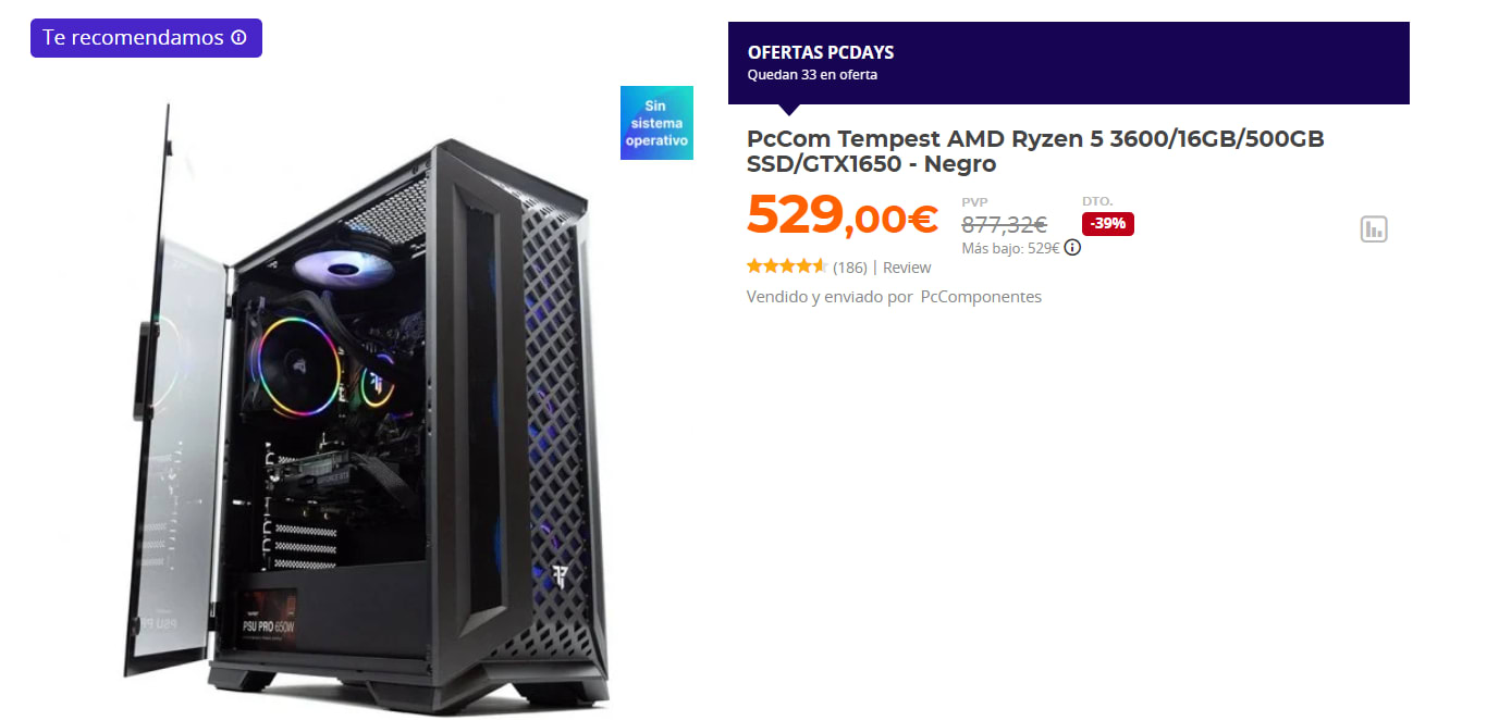 Ordenador PcCom Tempest AMD Ryzen 5 3600 16GB 500GB SSD GTX1650