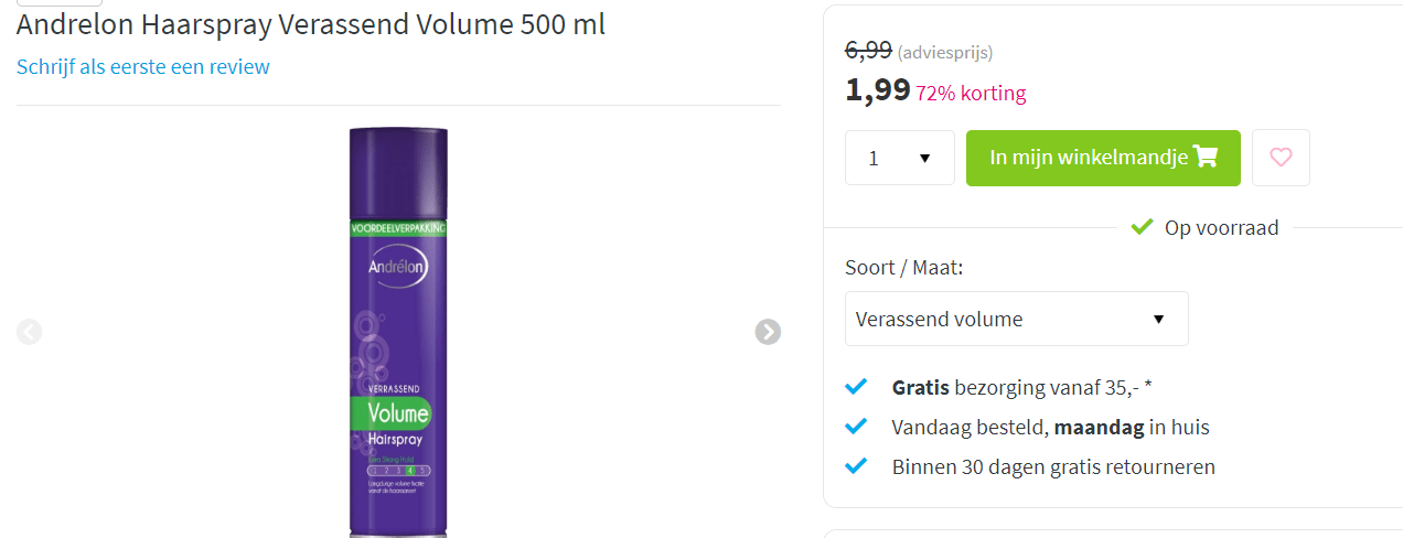 Andrelon Hairspray Verrassend Volume (500ml) voor €1,99 Aanbiedingen Enlarged image