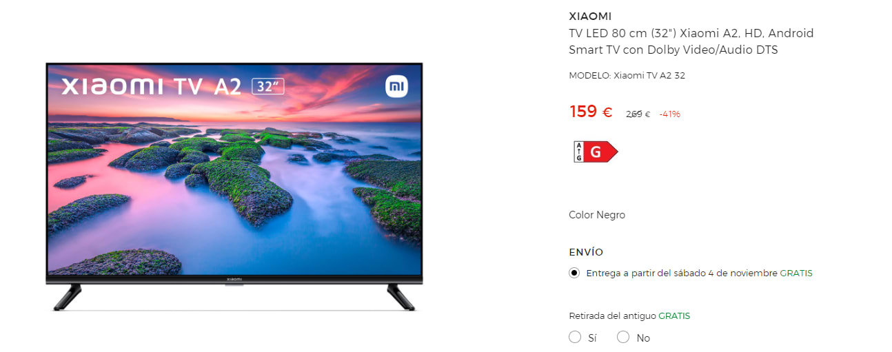 TV LED 32 pulgadas Xiaomi A2, HD, Android Smart TV con Dolby Video por 159€