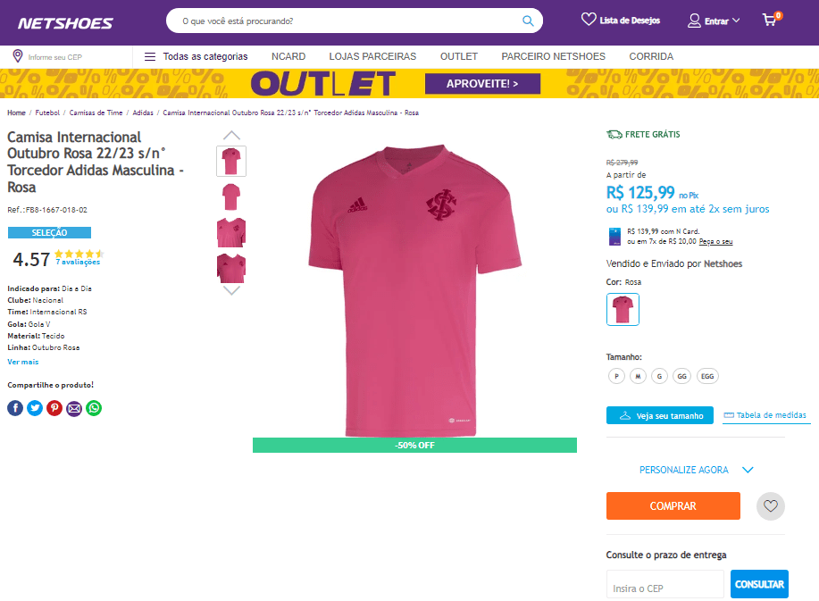 Camisa Internacional Outubro Rosa 22/23 s/n Torcedor Adidas